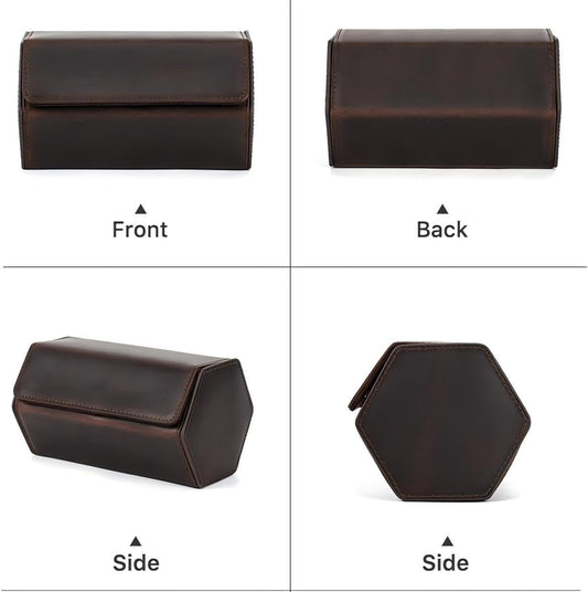 Genuine Leather Watch Roll Travel Case, Vintage Full Grain Leather Hexagon Watches Storage Organizer with Display Removable Pillows & Solid Dividers for Home Storage &Display (2 Slot)