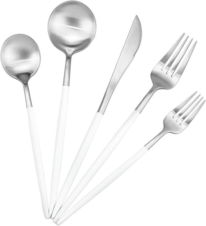 Gugrida 20-Piece 18/10 Stainless Steel Flatware Silverware, Luxury Dinnerware Set Travel Cutlery Tableware Include Knife Fork Spoon Service for 4, Dishwasher Safe (White Handle Matte Silver)