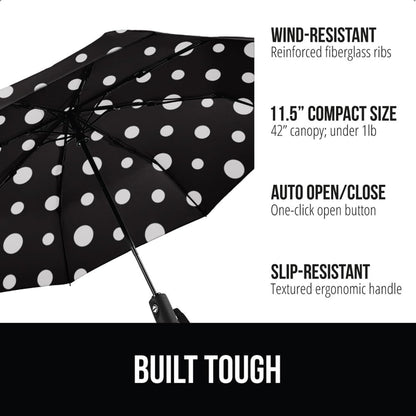 GORILLA GRIP Strong Stick Umbrella for Rain, Compact Travel One-Click Automatic Open Close, Lightweight, Portable, US Designed Reinforced Fiberglass Ribs, Wind Resistant, Easy Collapse, Polka Dots