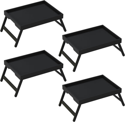 Bed Tray Table with Folding Legs, Bamboo Breakfast in Bed for Kitchen Serving Tray, Sofa, Eating, Used As Laptop Desk Snack Tray (4 Pack, Black Color)