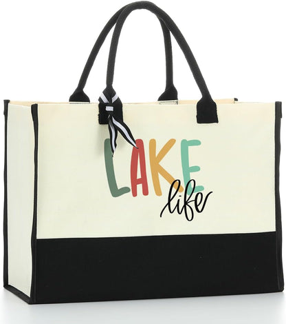 Lake Life Tote Bag for Women Waterproof Personalized Beach Bag Canvas Bag Funny Lake Girls Bag Trip Gifts