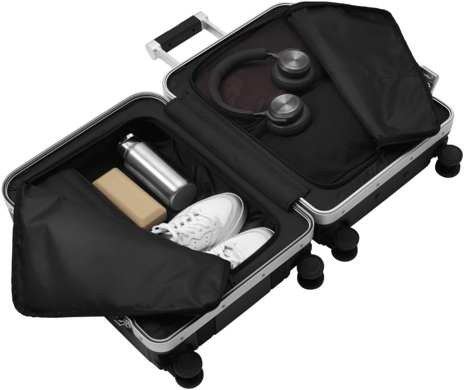 D_b_ Ramverk Pro Carry-On 21 Inch Hardside Luggage Extra Protection Aluminum Frame, Silent 360 Spinner Wheels, TSA Lock, Interior Laptop Compartment and Two Zipper Dividers - Silver Frame/Black