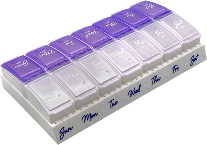 Ezy Dose Weekly (7-Day) Daily Pill Case, Medicine Planner, Vitamin Organizer, 2 Times a Day AM/PM, Small Pop-out Compartments, Arthritis Friendly, Easy to Use, Pearlescent and Lavender Lids, BPA Free
