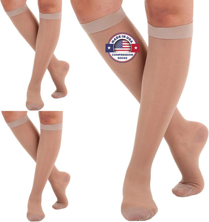 (3 Pairs - Closed Toe) Made in USA - Sheer Compression Socks for Women 15-20mmHg - Compression Stockings for Varicose Veins Circulation, Thrombosis, Embolism - Nude, Medium - A101NU2-3