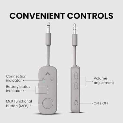 Avantree Relay - Airplane Bluetooth 5.3 Adapter with Qualcomm aptX Adaptive, Supports 2 AirPods or Headphones, 20Hr Playtime, 3.5mm AUX Wireless Audio Transmitter for Travel Flight, Airline, Gym