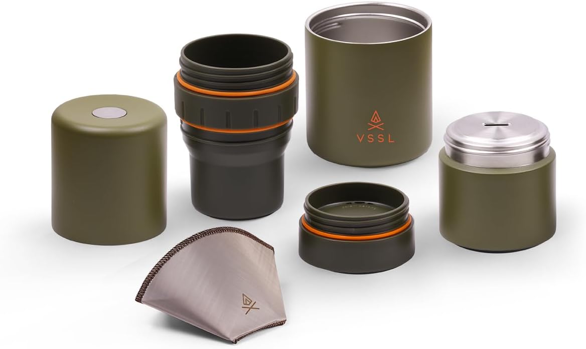 Nest Pour Over Coffee Kit | Coffee Maker for Camping | All-In-One Travel Pour Over | Transportable Dripper, Two 10oz Stainless Steel Travel Mugs | Compact Storage & Adventure Ready | Deep Moss