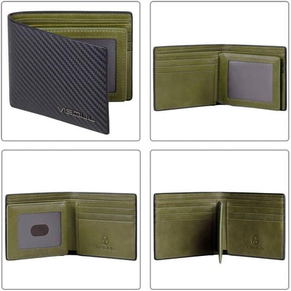 VISOUL Leather Mens Bifold RFID Blocking Wallet with 2 ID Windows, Leather Wallet for Men (Carbon Fiber, Black+Green)