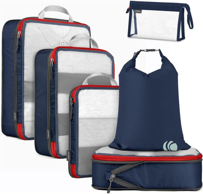 Cipway Compression Packing Cubes, See Through Mesh Luggage Organizer Bags, Travel Essentials for Carry on Suitcase with Laundry Bag and Clear Toiletries Bag（6 Pcs,Blue）