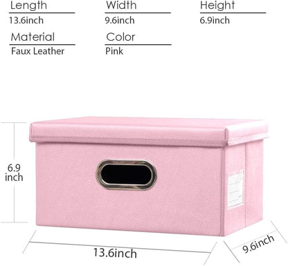 PRANDOM Collapsible Storage Box with Lid [3-Pack] Leather Fabric Foldable Storage Bin Organizer Container Basket Cube with Cover for Home Bedroom Closet Office Nursery Pink(13.6x9.6x6.9)