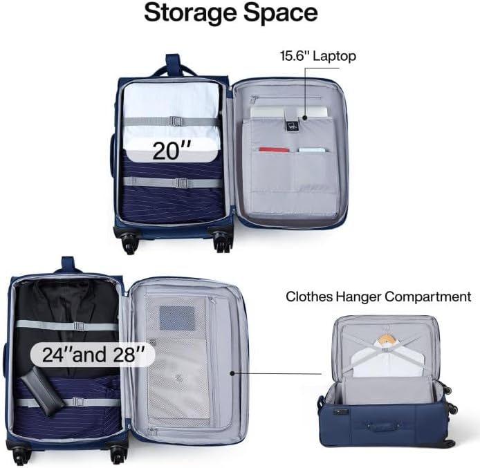 Hanke 20 Inch Softside Expandable Carry On Luggage with Spinner Wheels, Rolling Suitcase Travel Luggage with TSA Approved Luggage,Blue