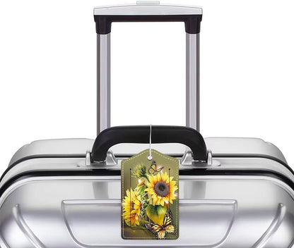 2 Pack Luggage Tag for Suitcase, Cute Unique Leather Bag Tags Identifiers Privacy Cover ID Label with Durable Steel Loop for Women Men Kids Girls Travel, Sunflower