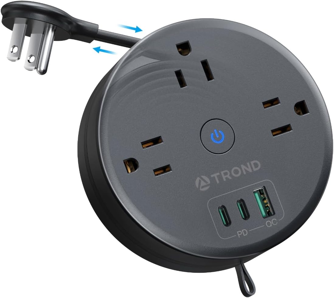 TROND 20W USB C Travel Power Strip - Retractable Extension Cord 5ft Ultra Thin Flat Plug, Power Strip with 3 AC Outlets and USB C Fast Charging, Cruise Ship Essentials, for Home Hotel Dorm Room, Black