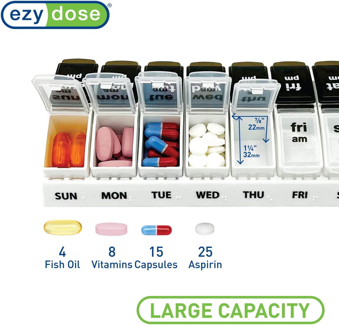 EZY DOSE Weekly (7-Day) Daily AM/PM Pill Case, Medicine Planner, Vitamin Organizer, Supplement Container, Large Pop-Out Compartments, Designed for Travel 2 Times a Day, Black and White Lids
