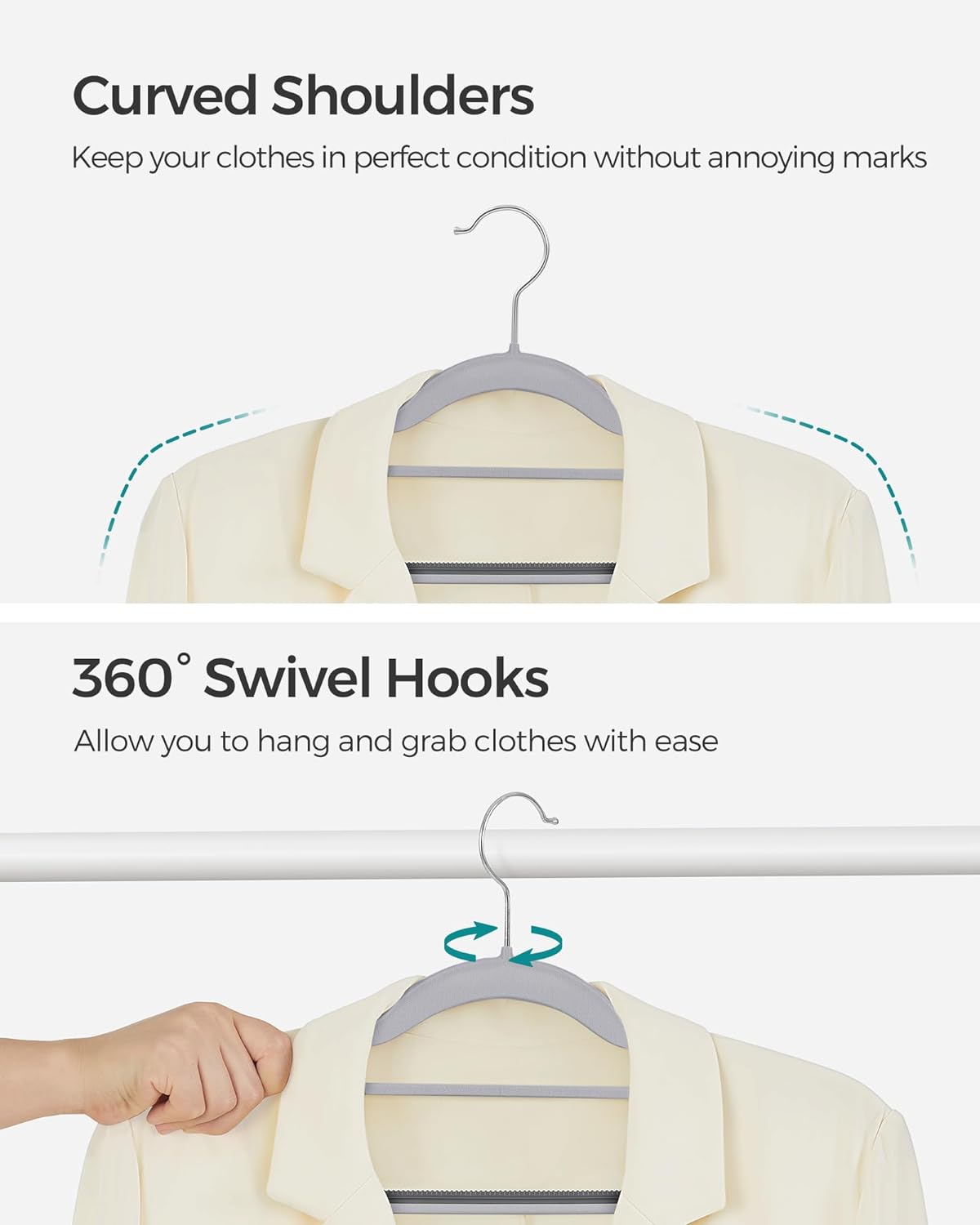 SONGMICS Pack of 50 Coat Hangers, Space-Saving Plastic Clothes Hangers, Non-Slip, 0.2 Inches Slim, 16.5 Inches Wide, 360° Swivel Silver Hook, Light Gray and Dark Gray UCRP20G50