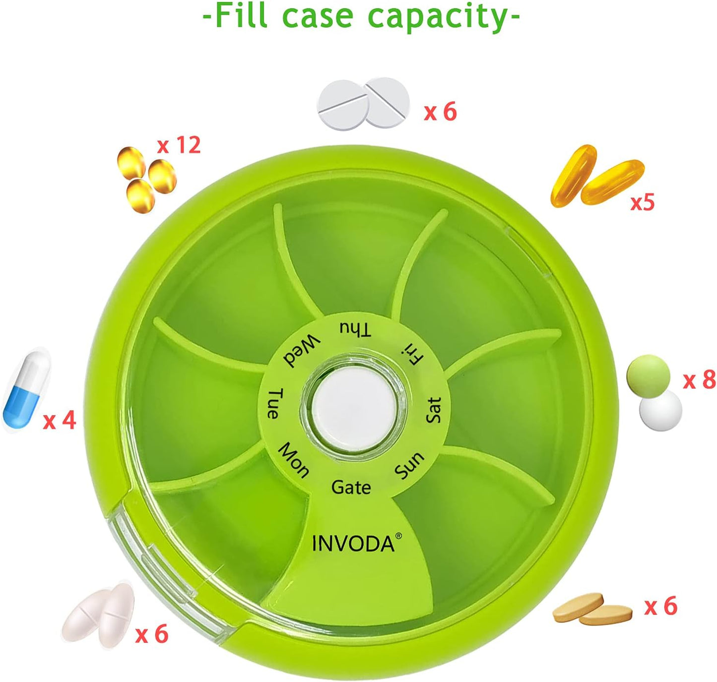 INVODA Weekly Pill Organizer 7 Compartment Rotating Pill Box for Daily Medication & Vitamins - Portable Travel Pill Case Fish Oil Supplements Vitamins Organizer (Green+Sky Blue+Orange)