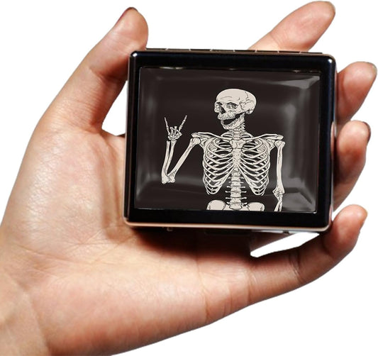 Silver Vintage Pill Box 7 Day Metal Pill Box with Mirror and 8 Compartments Cute Travel Pill Organizer for Purse (Rock and Roll Skull Skeleton)
