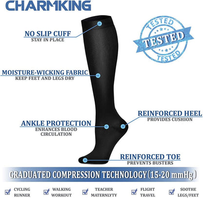 CHARMKING Compression Socks for Women & Men Circulation (3 Pairs) 15-20 mmHg is Best Support for Athletic Running Cycling