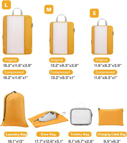 Gonex 8 Set Expandable Mesh Packing Cubes for Travel - Compression Packing Organizers with Toiletry, Laundry, Shoe & Cable Bags - Orange