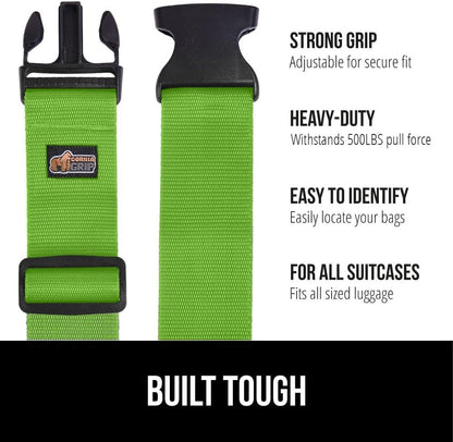 GORILLA GRIP Heavy Duty Adjustable Luggage Straps for Suitcases, Easy to Identify Travel Belt Connector Holds Suitcase Together, Holiday Travel Gift, Stocking Stuffer, Accessories, 2 Pack Green