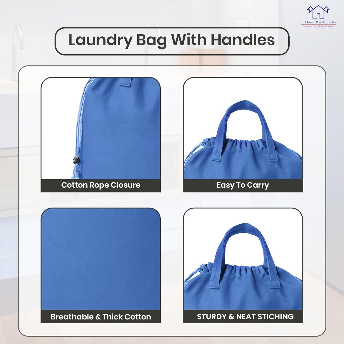 LFH Home Cotton Canvas Large Laundry Bag with Handle, Heavy Duty Drawstring Closure Washable Laundry Bags, School Travel, Home, Hotel, College Dorm, Organizer Sack, Toys Clothes 20x30-Sky Blue