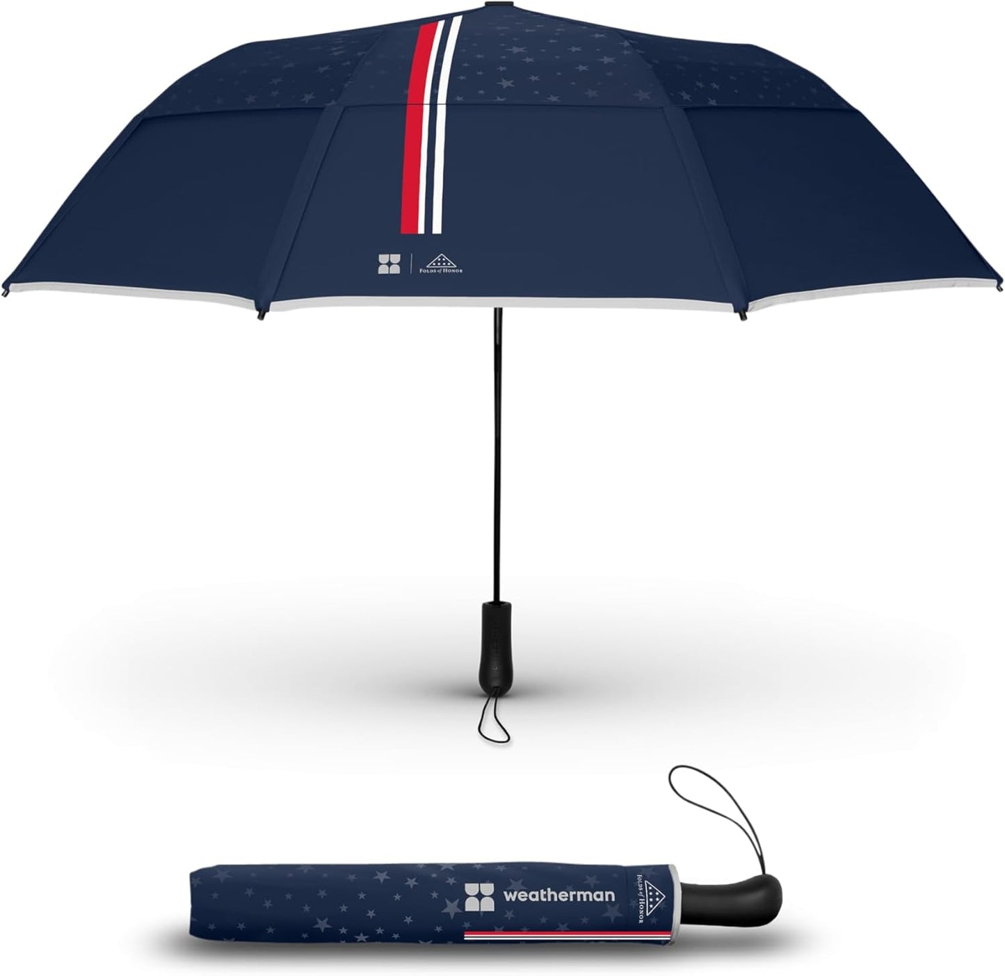 Weatherman - Folds of Honor - Premium Collapsible Travel Umbrella - Windproof, Compact, Easy Auto Open - Resists Up to 55 MPH Winds - Perfect for Celebrations (FOH Blue 2025)