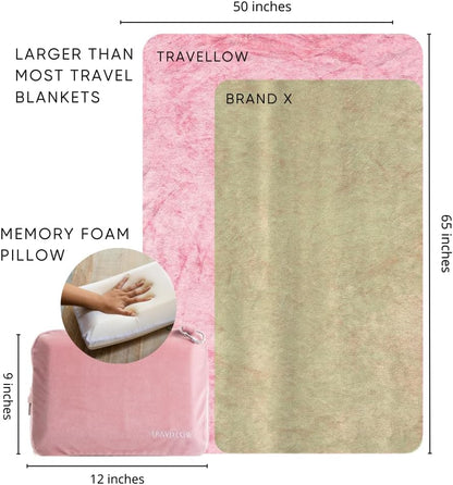 Travel Pillow and Blanket Set - 4-in-1 Ultimate Travel Kit with Memory Foam Pillow, Travel Blanket, Sleep Mask, and Earplugs-Ultimate Comfort and Coziness for Your Journeys - Pink