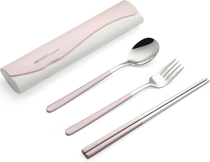 DEVICO Portable Travel Utensils with Case, Reusable Camping Silverware for Lunch, 18/8 Stainless Steel Cutlery Set (Pink)