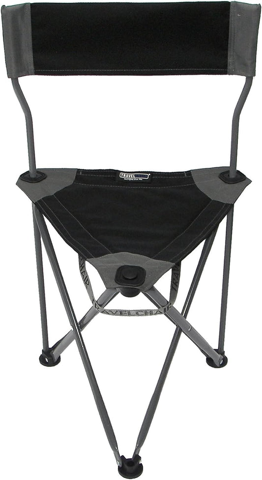 Travel Chair Ultimate Slacker, Quick Folding Tripod Stool with Backrest, Fishing Camping Hiking Chair with Carry Strap, Polyester, Black