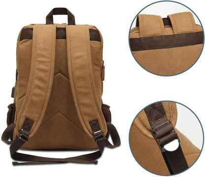 Canvas Backpack for Men Women, Vintage Rucksack Fits Most 15.6 Inch Laptop, Bookbag with USB Charging Port, Brown