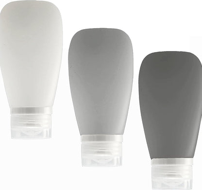 Travel Bottles for Toiletries, TSA Approved 3oz Leak Proof Silicone Refillable Squeeze Travel Size Containers BPA Free for Cleansers, Lotions, Shampoo 3-pk (Black-Gray-White)