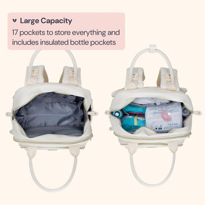 BabbleRoo Leather Diaper Bag Backpack - Baby Essentials Travel Baby Bag, Multi function, Water Resistant, with Changing Pad, Stroller Straps & Pacifier Case – Unisex, Eggshell White