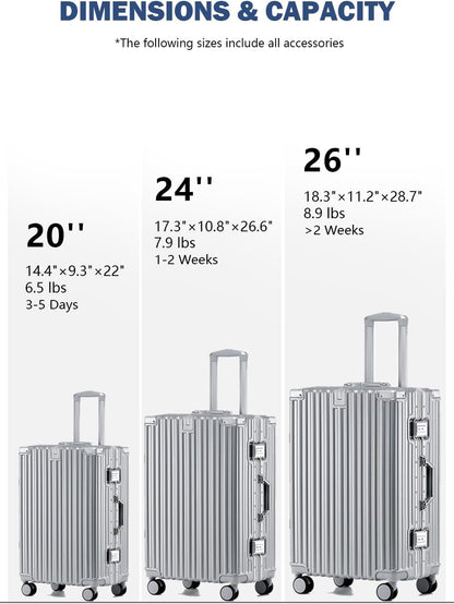 HotWay 26 Inch Aluminum Frame Luggage with Spinner Wheels, PC Hard Shell Suitcase with Cup Holder, Zipperless Luggage for Business Travel, Silver