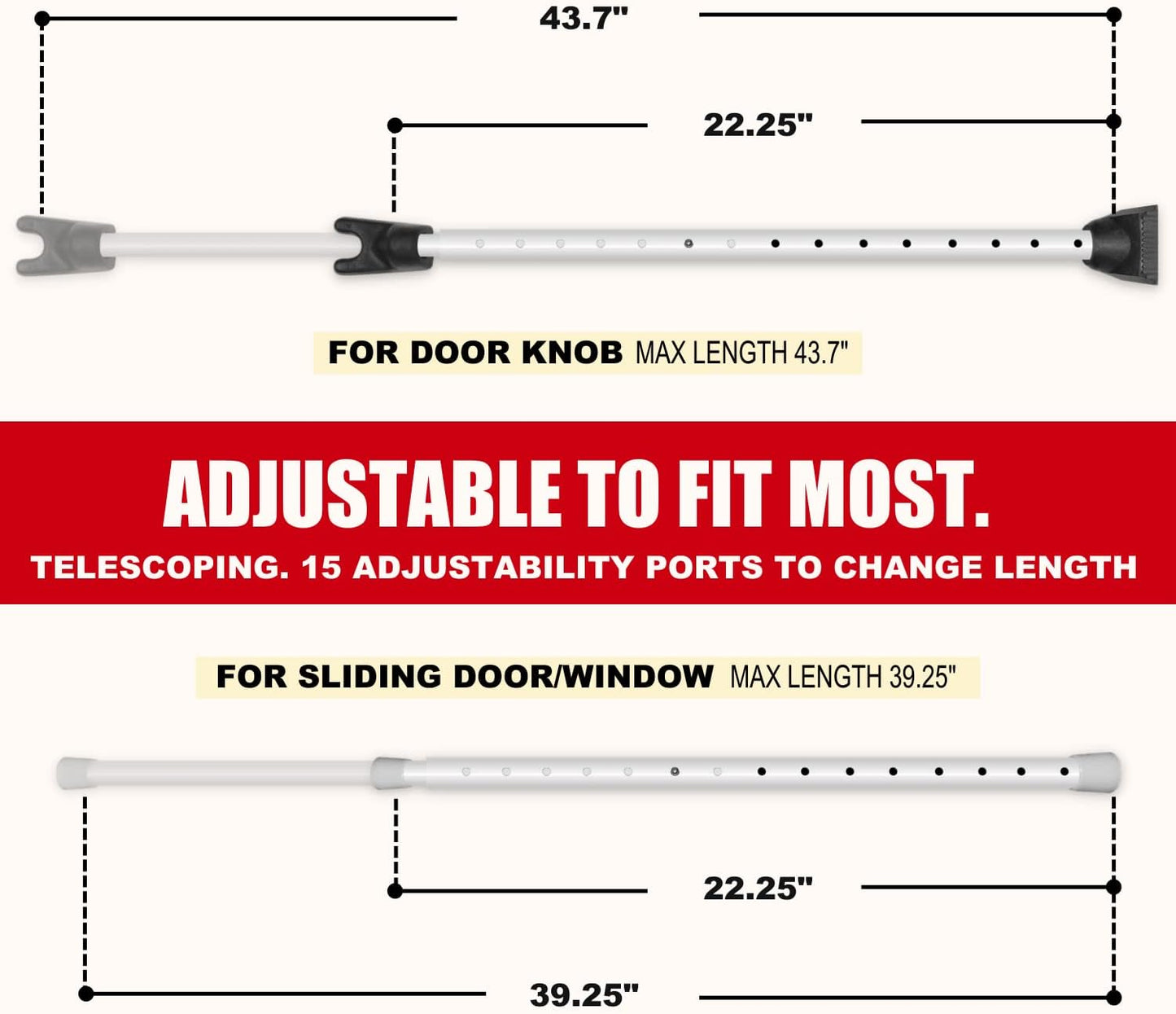 SECURITYMAN 2-in-1 Door Security Bar & Sliding Patio Door Security Bar (2 Pack) via Interchangeable Caps - Heavy Duty Iron Construction Door Stoppers for Home, Apartment, Travel Hotel - White