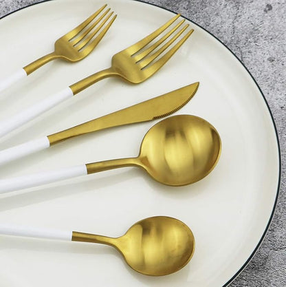 White Handle Matte Gold Silverware Set,Gugrida 5-Piece 18/10 Stainless Steel Satin Finish Flatware Set,Kitchen Utensil Set,Tableware Travel Cutlery Set for Camping Office Lunch, Dishwasher Safe