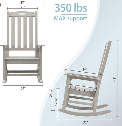 Psilvam Oversized Outdoor Rocking Chair Set of 2, Porch Rocker with 21" Wide Seat and 32" Tall Backrest, Pre-Assembled with Most Components for Effortless Installation (Grey)