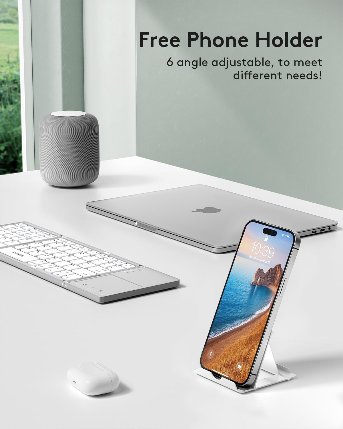 Samsers Foldable Bluetooth Keyboard with Touchpad - Portable Wireless Keyboard with Holder, Rechargeable Full Size Ultra Slim Pocket Folding Keyboards for Android Windows iOS Tablet & Laptop - Silver