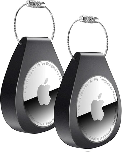 2 Pack AirTag Holders with Keychain - Secure Airtag Lock Case with Wire Cable Compatible with Apple AirTags for Keys, Luggage, Dog Collar, Backpack & More (Black)