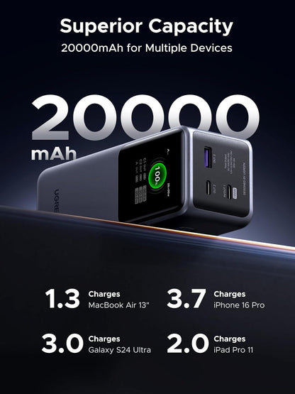 UGREEN Nexode Power Bank 20000mAh 130W Portable Charger 72Wh PD Fast Charging 3-Port USB C Battery Pack with TFT Smart Display for MacBook/iPad/iPhone 16/Samsung S24 and More