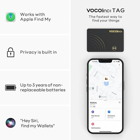 [Apple MFi Certified] VOCOlinc Air Tag Card Wallet Tracker 1.6mm 2 Pack, Smart Item Finder Work with Apple Find My APP (iOS Only, Android not Supported), Locator for Luggage, Suitcase, Bags, Backpack.