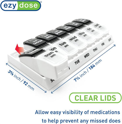 EZY DOSE Weekly (7-Day) Daily AM/PM Pill Case, Medicine Planner, Vitamin Organizer, Supplement Container, Large Pop-Out Compartments, Designed for Travel 2 Times a Day, Black and White Lids