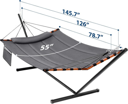 TegerDeger 12FT 2 Person Hammock with Stand Included 55 x 79IN Large Hammock 450LB Capacity with Hardwood Spreader Bar & Nylon Rope for Outside, Patio, Garden, Backyard, Beach, Poolside - Gray