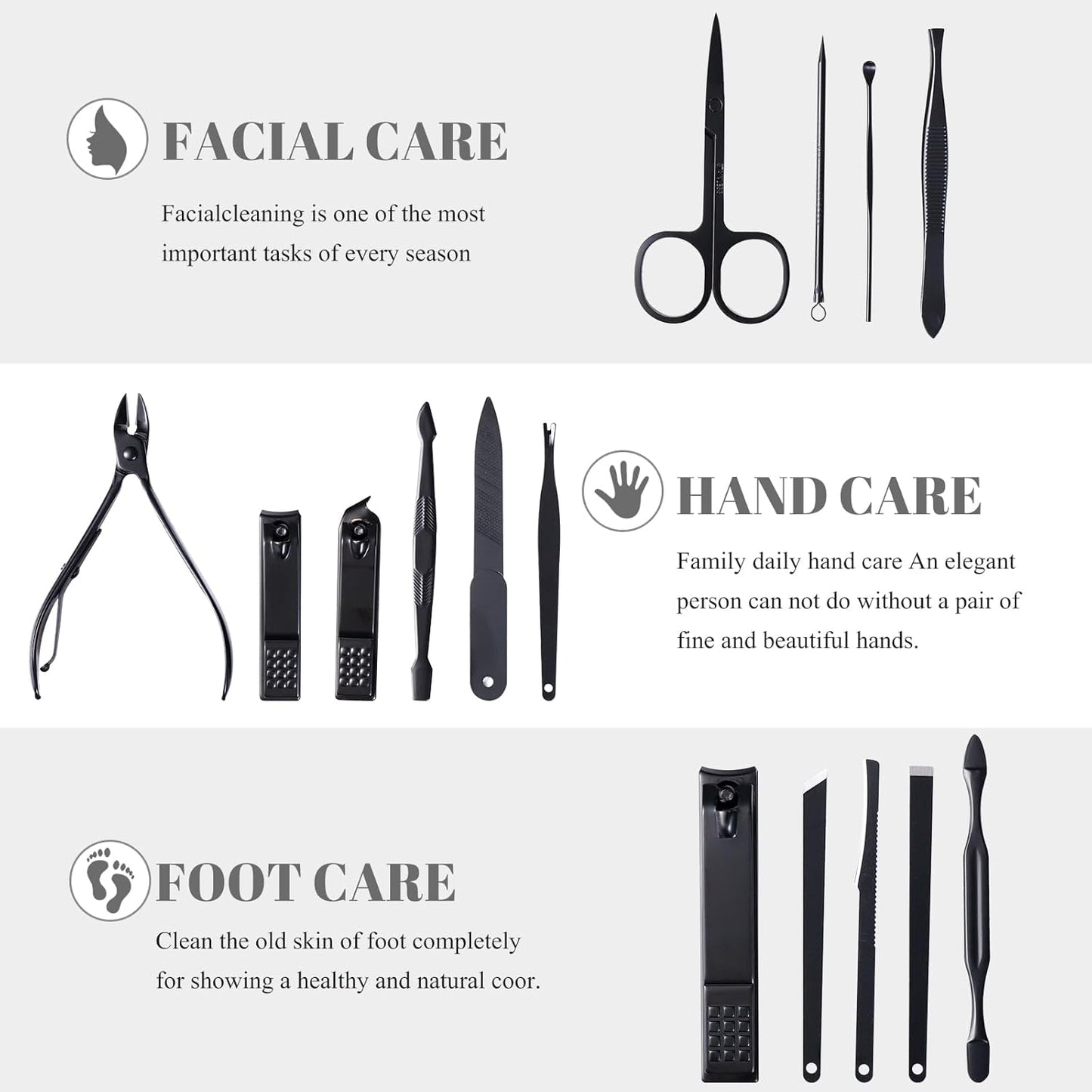 Manicure Pedicure Kit Nail Clippers Set Fingernails & Toenails Vibrissac Scissor 5 Pieces Best Care Tools for Man & Women with Travel Case (Gray/Black_A) (Dark 15 Pieces)