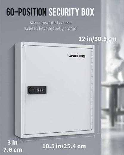 Uniclife 60 Position Slotted Key Cabinet with Combination Lock Resettable White Digital Security Storage Box Steel Key Organizer with Slotted Racks White Key Tag Labels and Permanent Pen