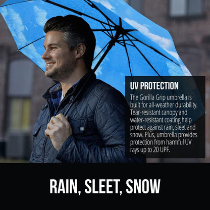 GORILLA GRIP Strong Stick Umbrella for Rain, Compact Travel One-Click Automatic Open Close, Lightweight, Portable, US Designed Reinforced Fiberglass Ribs, Wind Resistant, Easy Collapse, Sky Blue