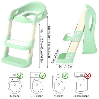 Potty Training Seat with Step Stool Ladder, Adjustable Foldable Potty Seat for Toilet with Anti-Slip Pads Ladder for Kids Boys Girls Toddlers - Green