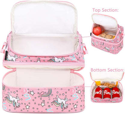 FlowFly Double Decker Cooler Insulated Lunch Bag Large Tote for Boys, Girls, Men, Women, With Adjustable Strap (Red-Unicorn)
