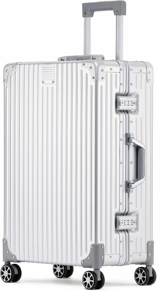 Metal All Aluminum Carry-on Luggage TSA Customs Lock Zipperless Silent Rotary Wheel Business Suitcase Aluminum Frame Set (silvery, 26 '')