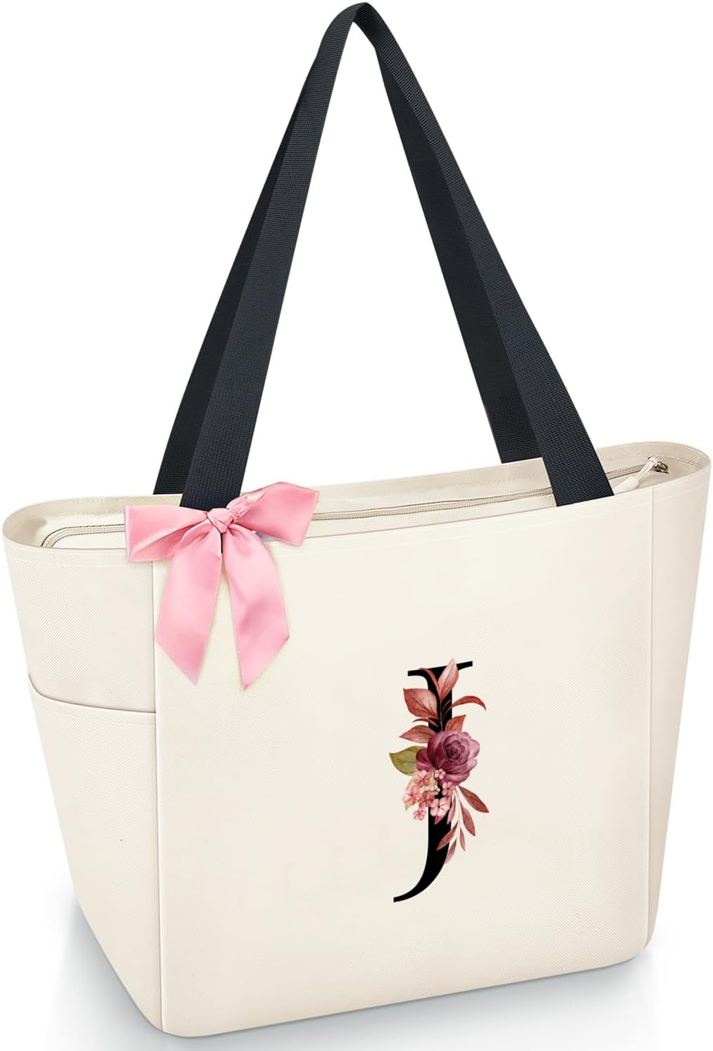 Vavabox Tote Bag, A-Z Initial Monogrammed Waterproof Tote Bag, Bridesmaid Gifts for Women, Black and Pink