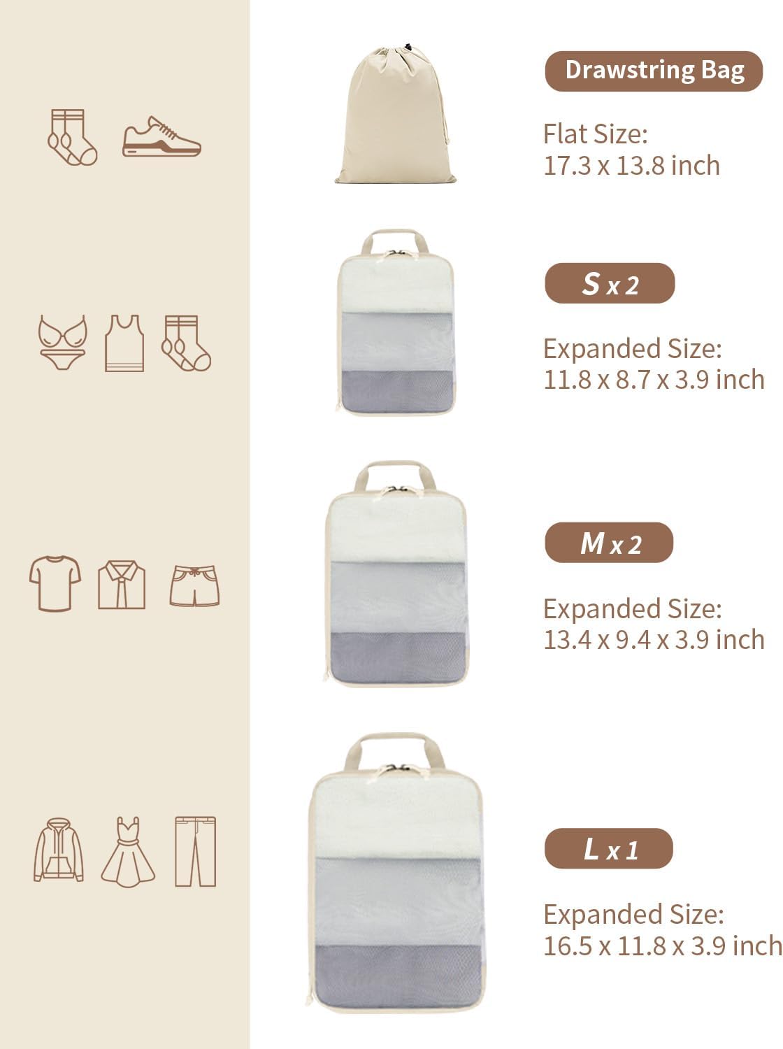ECOHUB 6 Set Compression Packing Cubes, Lightweight Beach Vacation Travel Essentials Durable Travel Accessories for Suitcase Carry On Luggage Organizer Bags with YKK Zippers Shoe Bag, Beige