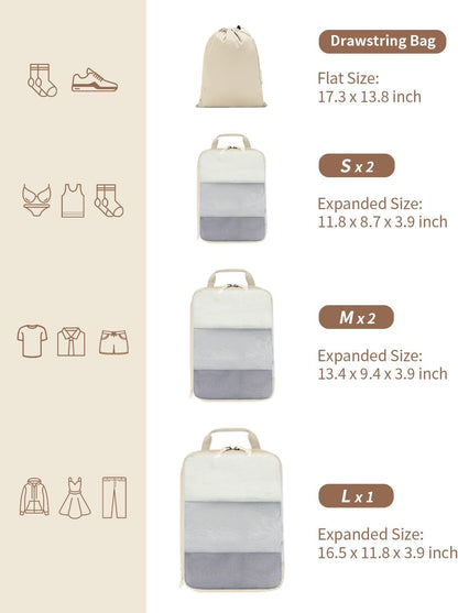 ECOHUB 6 Set Compression Packing Cubes, Lightweight Beach Vacation Travel Essentials Durable Travel Accessories for Suitcase Carry On Luggage Organizer Bags with YKK Zippers Shoe Bag, Beige